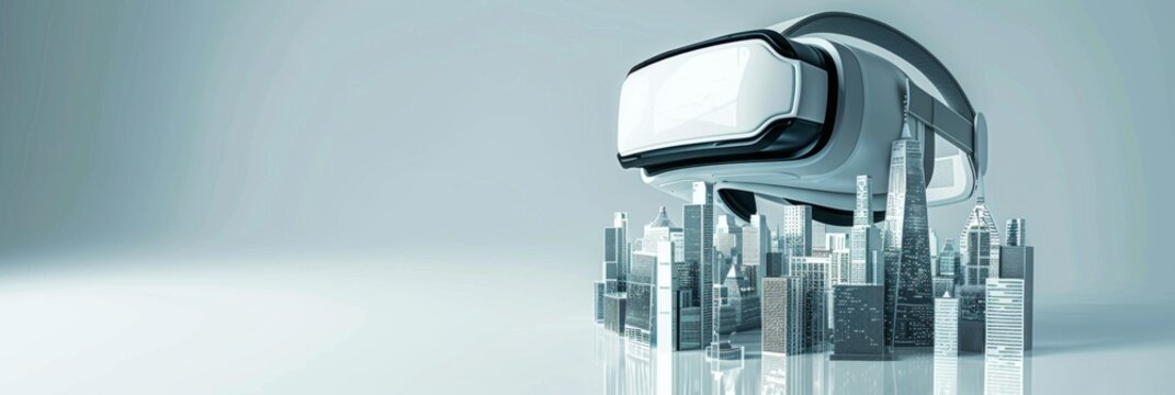 Virtual Reality, a minimalistic 3D futuristic cityscape within a VR headset on a clean white background, representing virtual urban environments
