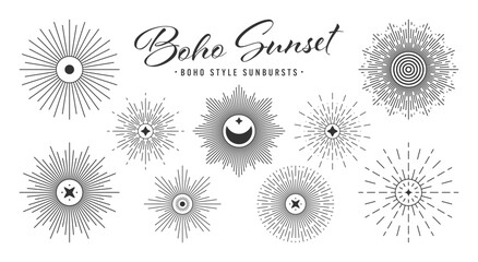 Vintage sunburst, sunset beams collection. Boho style, modern minimalist bohemian design. Hand drawn bursting sun, light rays. Logotype or lettering design element in retro style. Vector illustration