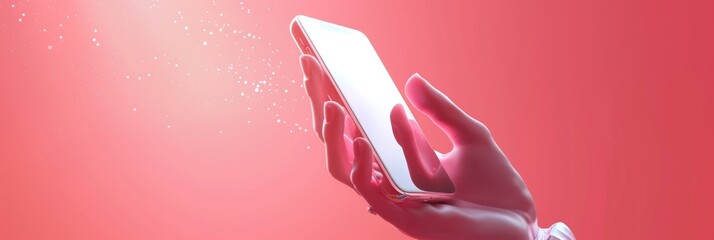 Augmented Reality, a minimalistic 3D hand holding a smartphone with AR interface on a vibrant pink background, showcasing augmented experiences