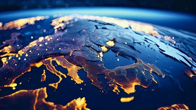 Satellite view of Earth at night with glowing city lights - Abstract digital world map from space - Powered by Adobe