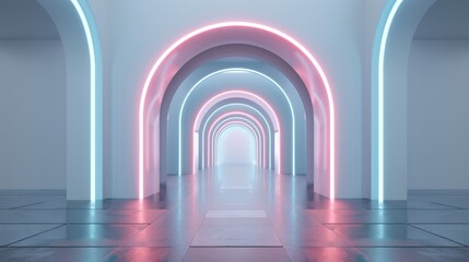 Modern architectural hallway with glowing neon pink and blue arches, creating an ethereal and futuristic atmosphere.