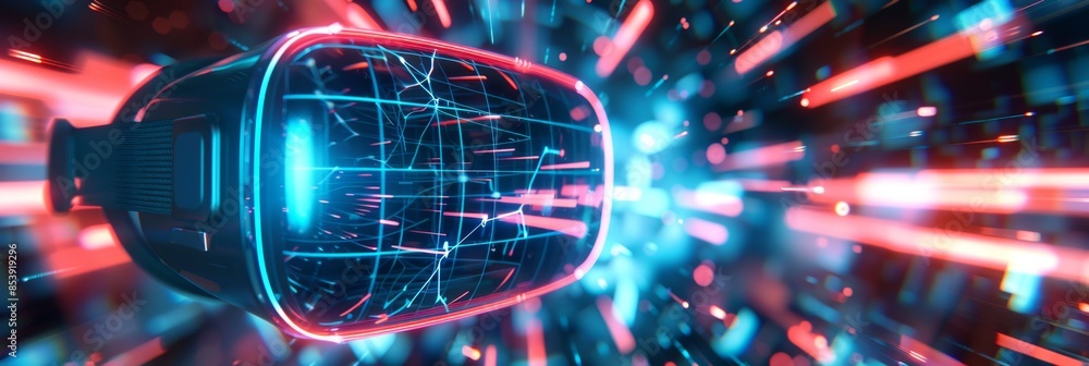 Poster virtual reality, an abstract background with neon light trails and geometric shapes, representing im