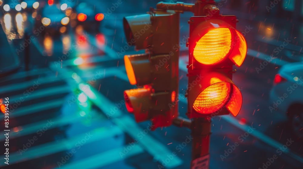 Poster Traffic lights synchronized with crosswalk signals at a busy urban intersection.