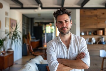 Fototapeta premium Portrait of a tender man in his 30s with arms crossed isolated in modern minimalist interior
