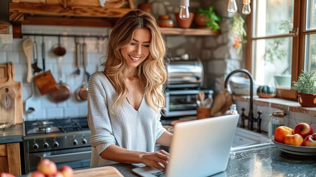 A joyful woman multitasking with a laptop in a beautifully lit kitchen, surrounded by houseware