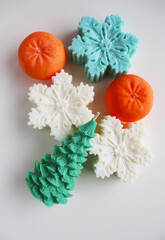 christmas gift concept. Christmas candle made from natural soy wax and spruce branches with garlands