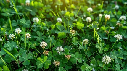Lush green clovers interspersed with white flowers captured in the soft light of morning