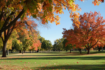 Naklejka premium Stunning Autumn Landscape full of fall trees, orange, red and yellow leaves