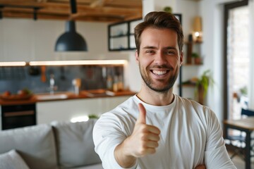 Portrait of a grinning man in his 30s showing a thumb up on modern minimalist interior
