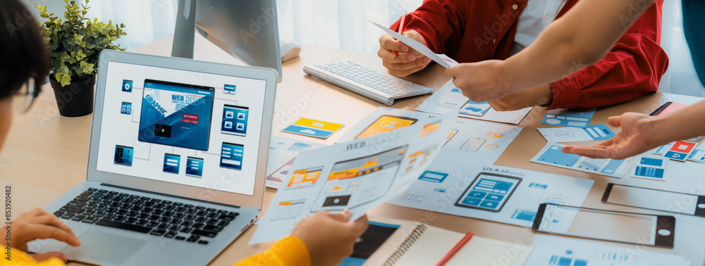 Poster panorama banner of startup ux developer or company employee design user interface or ui prototype fo