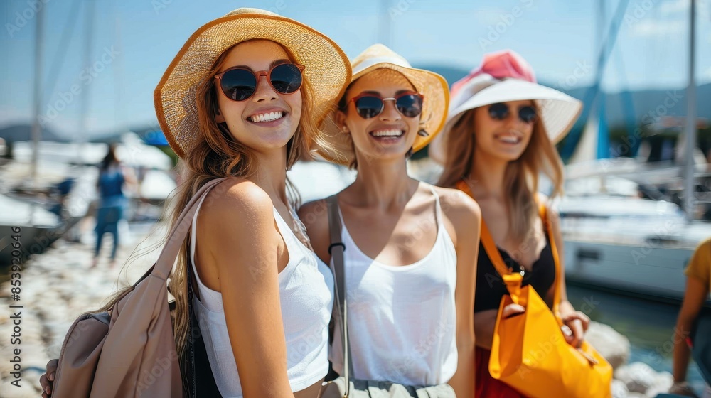 Wall mural A trio of women in summer hats and sunglasses pose on a sunny day at a dock with yachts in the background