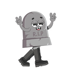 Retro groovy Halloween character. Gravestone in boots. Isolated vector illustration