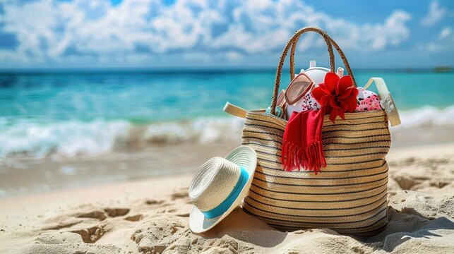 A beach bag with nautical stripes, a red towel, book, and hat against a tropical beach backdrop with clear blue waters