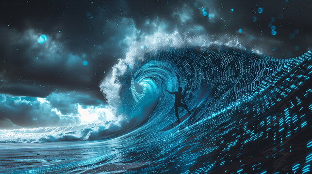 Surfer Riding a Digital Wave of Binary Code in a Stormy Sea