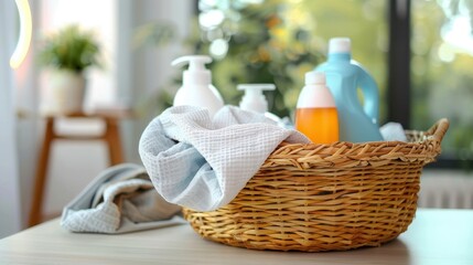 Close-up of a wicker basket with cloth and cleaning detergent bottles on a counter near a window with plants