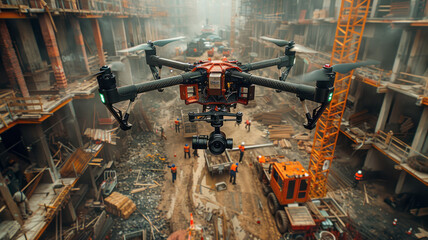 Drone hovers over a construction site, capturing cranes, workers, and scaffolding, showcasing efficient, precise drone photography.generative ai