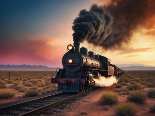 Obraz premium Old steam train is traveling through the desert at sunset, leaving a trail of smoke