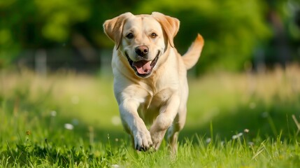 Labrador Retriever playing in the park: Happy Labrador Retriever running and playing in a green park.