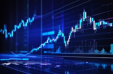 Banner, Panoramic abstract backdrop with stock market growth/down, digital financial chart graphs