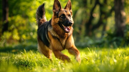 German Shepherd playing in the park: Happy German Shepherd running and playing in a green park.