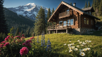 Idyllic log cabin nestled in a mountain meadow with blooming flowers