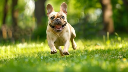 Fototapeta premium french bulldog playing in the park: Happy french bulldog running and playing in a green park.