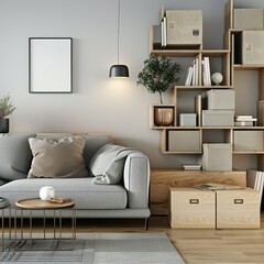 Obraz premium Clean living room interior with modern light decor and stacked storage boxes