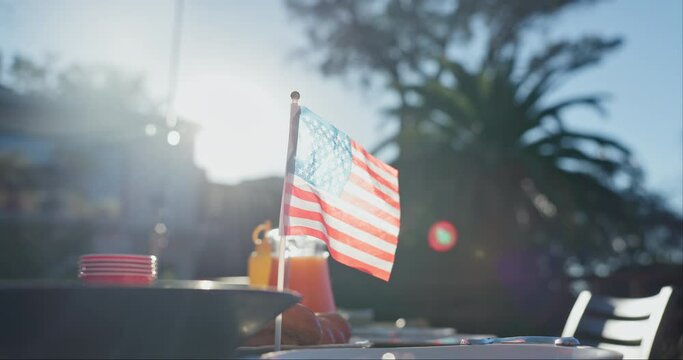 USA, flag and outdoor with holiday party at independence day celebration of culture. American, picnic and freedom on vacation event in summer with beer, bbq or national pride for country victory