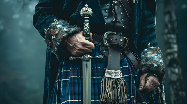 Scottish Highlander in tartan kilt and carrying a claymore sword.


