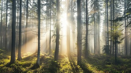 Obraz premium Close-up of sunlight filtering through misty forest trees, illuminating the tranquil woodland