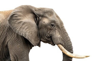 Obraz premium Close-up side view of an elephant's face, highlighting its eye and tusk, against a white background