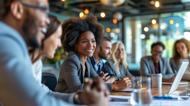 Diverse business team in a meeting: A diverse group of professionals engaged in a business meeting in a modern office.