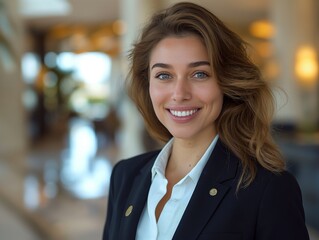 Obraz premium A Concierge female wearing professional attire, standing in front of a hotel lobby, smiling and looking into the camera