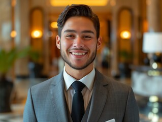 Fototapeta premium A Concierge male wearing professional attire, standing in front of a hotel lobby, smiling and looking into the camera