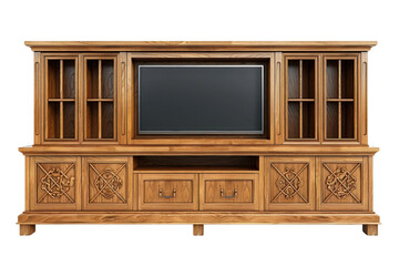 A large, wooden entertainment center with glass doors, drawers and space for a TV.