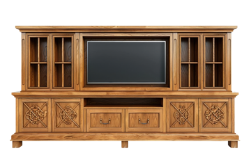 A large, wooden entertainment center with glass doors, drawers and space for a TV.