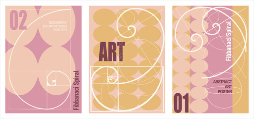 A set of minimalistic posters in vintage colors. Simple geometric shapes and lines (golden ratio spiral), with exemplary typography - modern print art design for branding, advertising, websites