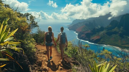 Couple hiking on a mountain trail: Adventurous couple hiking on a scenic mountain trail with breathtaking views.