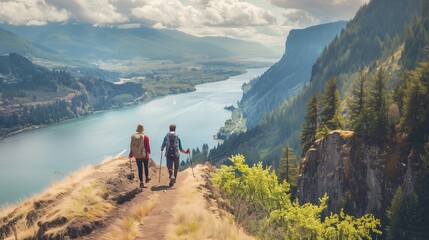 Fototapeta premium Couple hiking on a mountain trail: Adventurous couple hiking on a scenic mountain trail with breathtaking views.