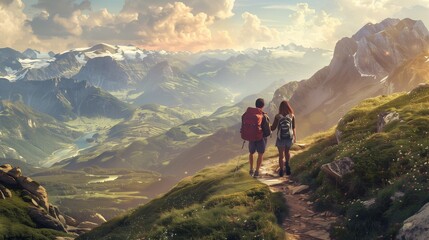Obraz premium Couple hiking on a mountain trail: Adventurous couple hiking on a scenic mountain trail with breathtaking views.