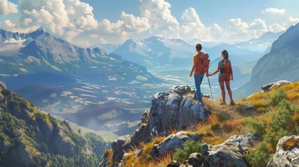 Fototapeta premium Couple hiking on a mountain trail: Adventurous couple hiking on a scenic mountain trail with breathtaking views.