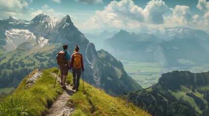 Fototapeta premium Couple hiking on a mountain trail: Adventurous couple hiking on a scenic mountain trail with breathtaking views.