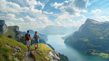 Fototapeta premium Couple hiking on a mountain trail: Adventurous couple hiking on a scenic mountain trail with breathtaking views.