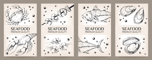 Seafood banners. Sea food menu. Fish and oyster. Sketch drawing delicious. Delicacy lobster. Premium quality products. Shrimp and seashell. Delicious salmon. Vector gourmet meal cards set