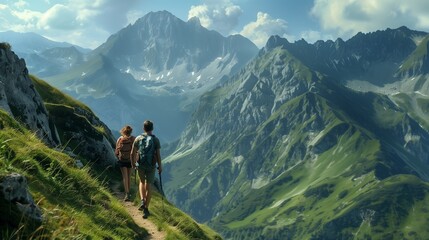 Fototapeta premium Couple hiking on a mountain trail: Adventurous couple hiking on a scenic mountain trail with breathtaking views.