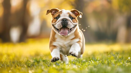 Fototapeta premium Bulldog playing in the park: Happy Bulldog running and playing in a green park.