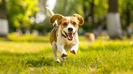 Obraz premium Beagle playing in the park: Happy Beagle running and playing in a green park.