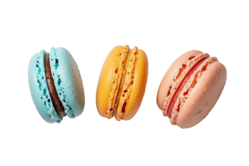 Flat lay Colorful pastel of Macarons sweet dessert isolated on background, pink, blue, and orange of different macaroons.