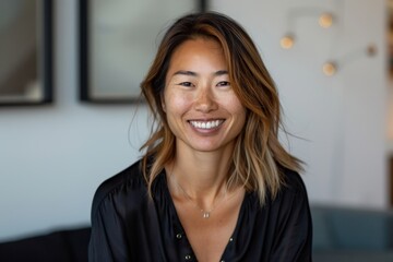 Portrait of a happy asian woman in her 40s smiling at the camera over modern minimalist interior