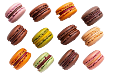 Flat lay various tasty of Macarons sweet dessert isolated on background, assorted different macaroons.